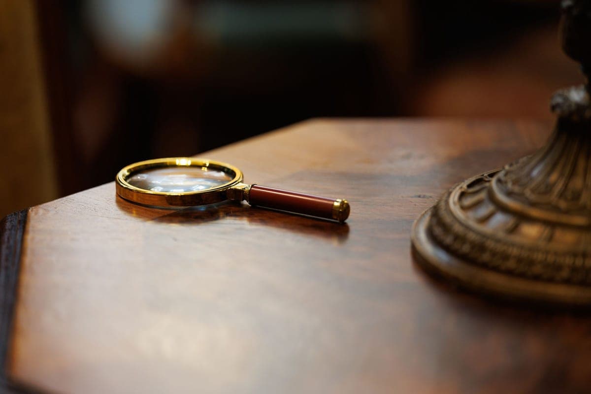A magnifying glass resting on a dark wooden table